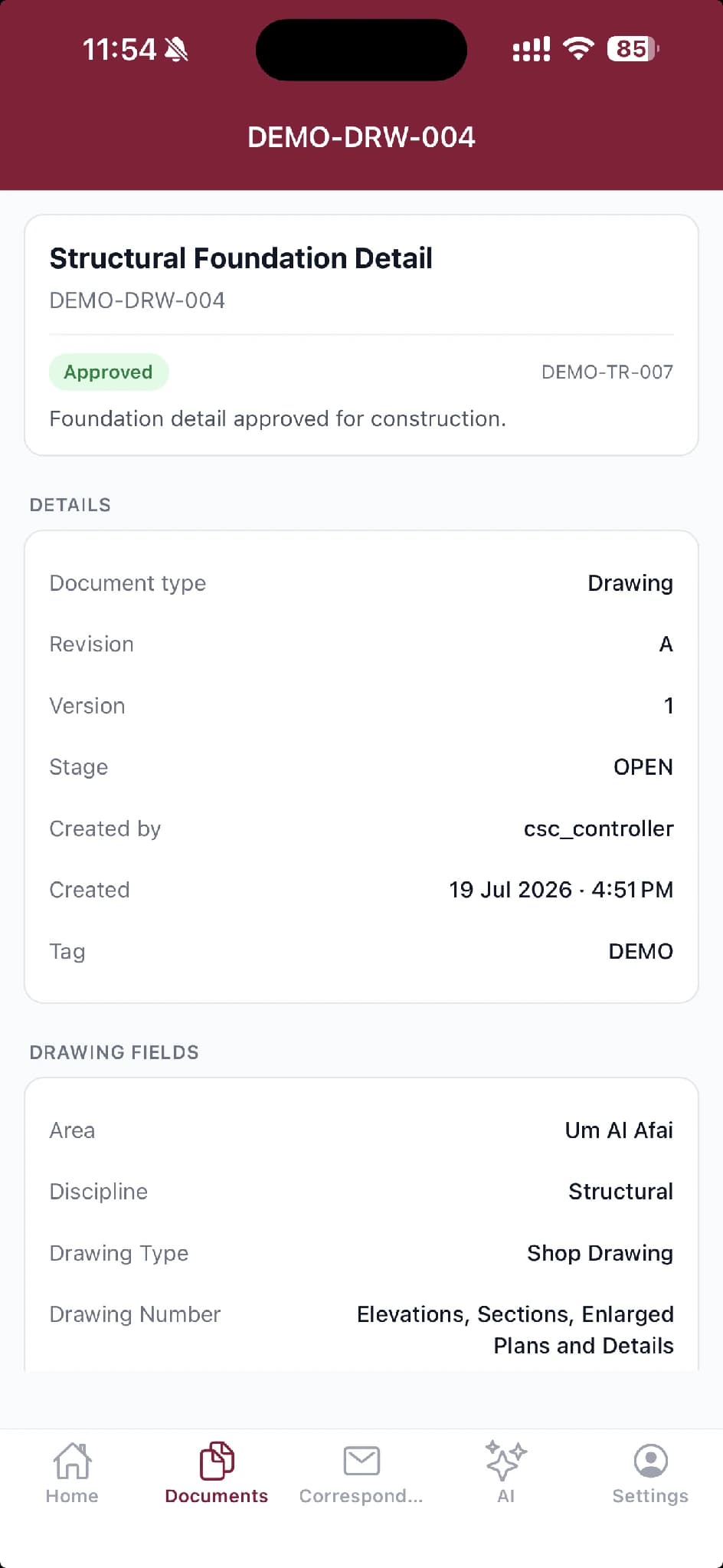 Mowafeq on a phone, showing an approved structural drawing with its revision and transmittal