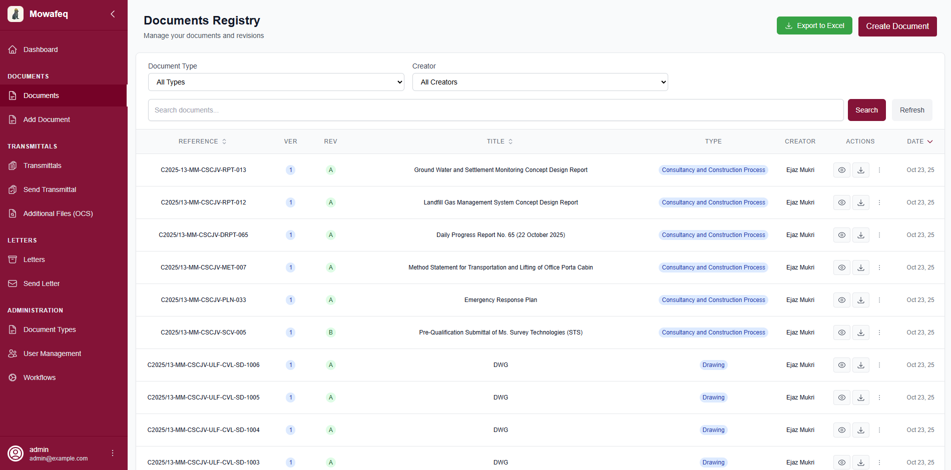 Document registry interface showing filters, document statuses, and metadata columns.