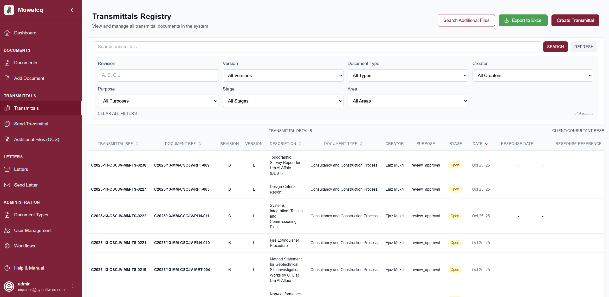 Transmittal registry interface with filters, statuses, and batch actions.