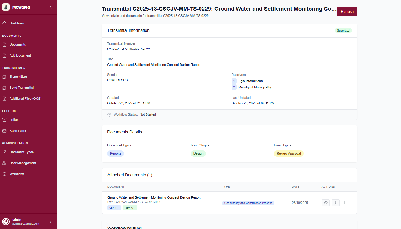 Transmittal detail view displaying submission information, recipients, and response controls.